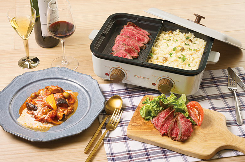 左右別々に温度調節可能!
深鍋と4種類のプレートが付属