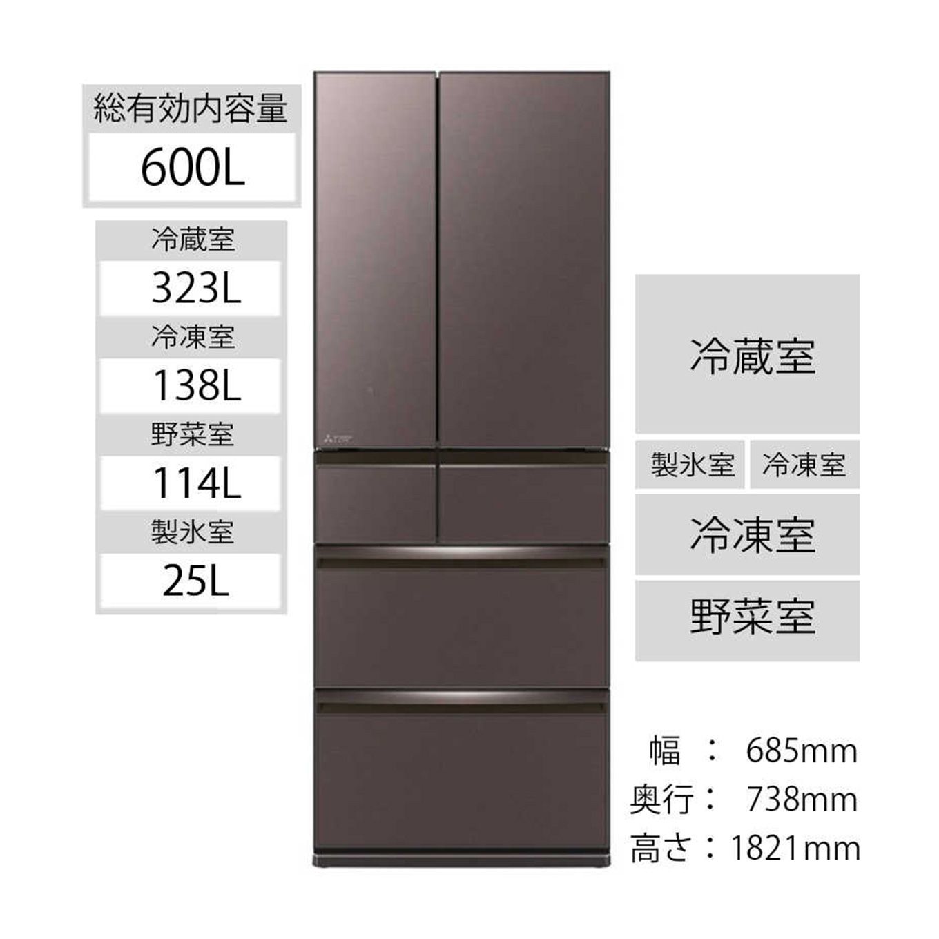 グリーン住宅ポイント6ドア冷蔵庫 置けるスマート大容量 WXDシリーズ(600L/フレンチドア)イメージ