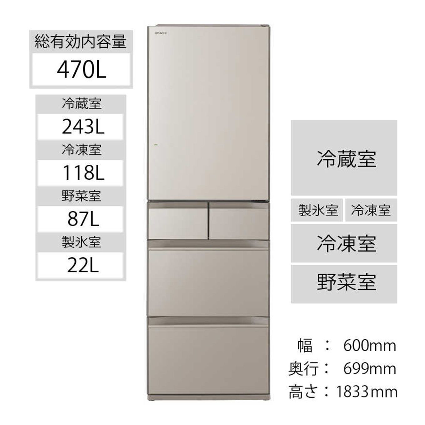グリーン住宅ポイント5ドア冷蔵庫 HWSシリーズ R-HWS47R(右開き/470L)イメージ