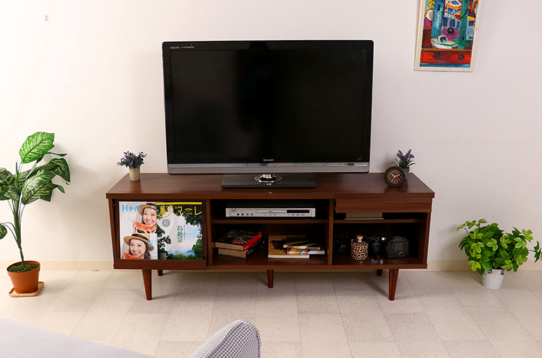 北欧風の収納テレビボード
フラップ型収納なので飾って”魅せる”収納も可